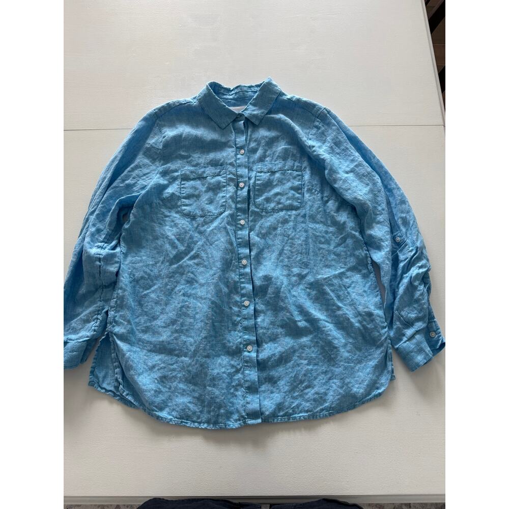 Charter Club 100% Linen Turquoise Button Down Blouse Women's Large